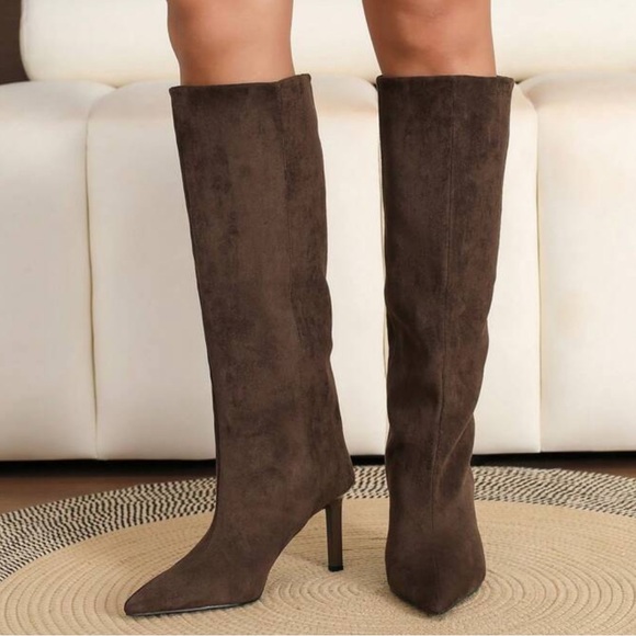 Brown faux suede knee high boots pointed toe heeled boots - Picture 5 of 5